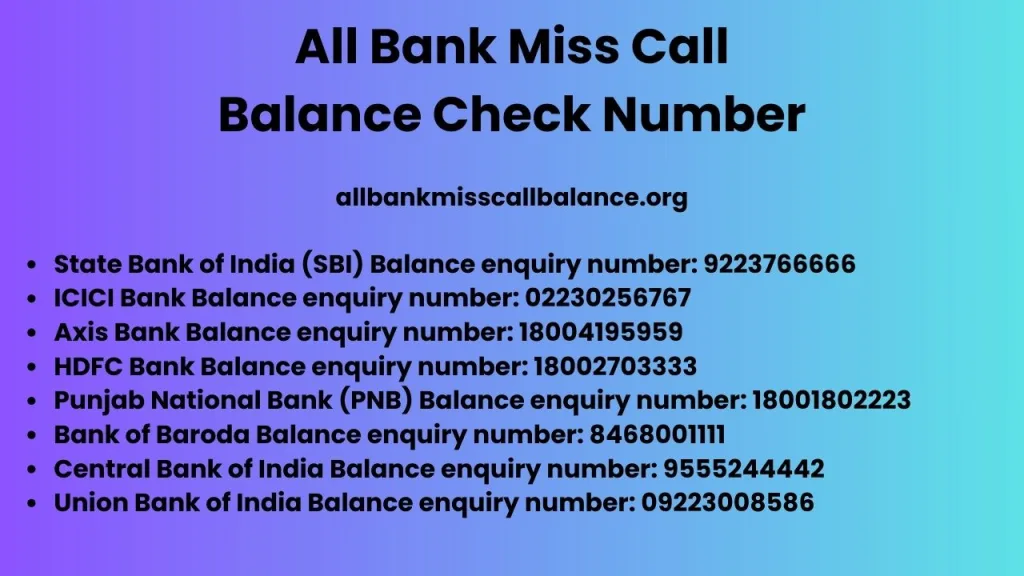 All Bank Miss Call Balance Check Number